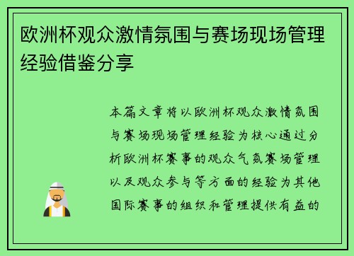 欧洲杯观众激情氛围与赛场现场管理经验借鉴分享 欧洲杯观众激情氛围与赛场现场管理经验借鉴分享